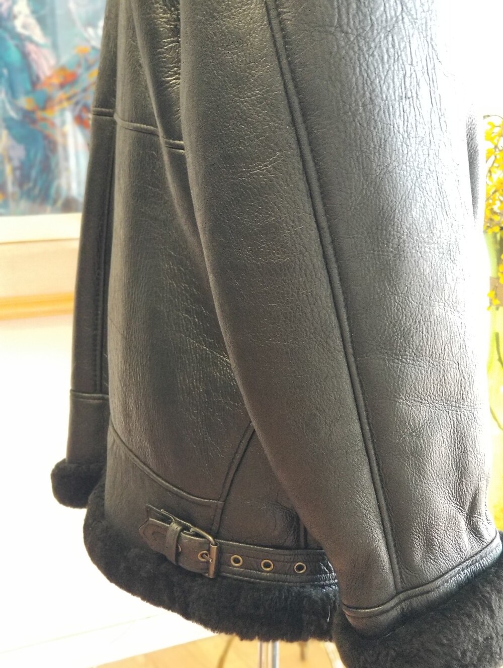 Men's Black Shearling Bomber Jacket - Picture 6 of 11